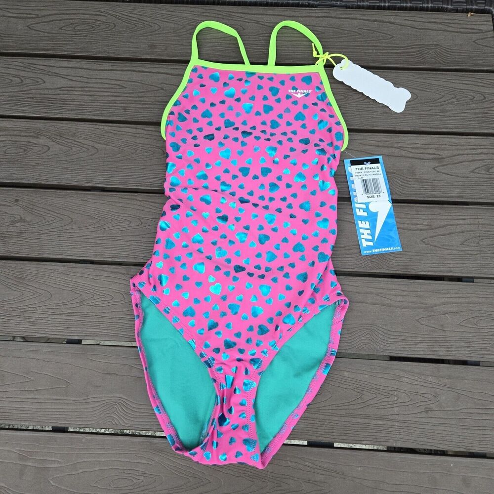 TYR The Finals Women Heart Foil Swimsuit Flutter back Pink/teal - Size 28 New